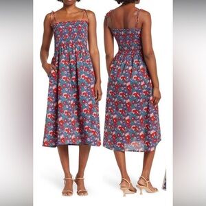 Maisie smocked floral print tie straps midi dress